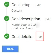 Call Tracking Goal Details