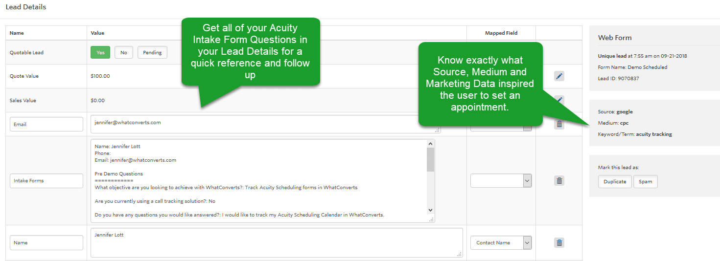 Acuity Scheduling Lead in WhatConverts