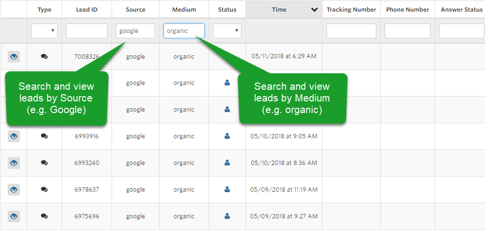 Search and view leads by Source (e.g. Google); search and view leads by Medium (e.g. Organic)