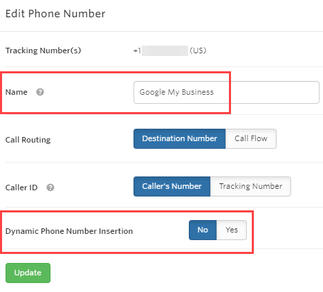 Edit Phone number: Name and Dynamic Phone Number