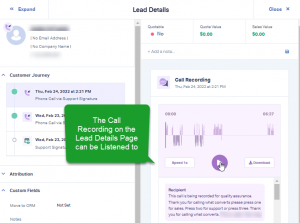 Lead Details page with call recording highlighted