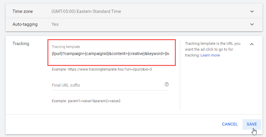 Tracking Template setup in Google Ads